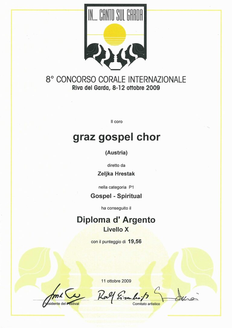 Beim 8. Internationalen Chorwettbewerb 2009 überzeugte der Graz Gospel Chor mit herausragender Leistung und erhielt ein Silberdiplom, Level X, mit einer beeindruckenden Punktzahl von 19,56. Diese Auszeichnung wurde am 11. Oktober 2009 verliehen.
